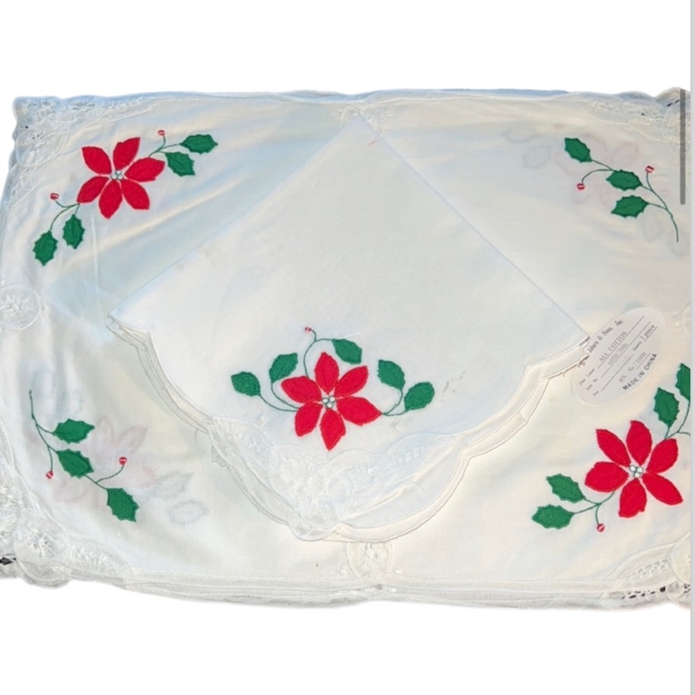 PLACEMAT & NAPKIN FOUR (4) PIECE SET POINSETTIA VINTAGE BATTENBURG LACE JABARA